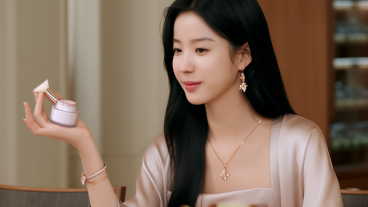 生活瞬间，美女，韩系美女，丝绸，美妆广告，家庭餐桌，4K超清，写实风格，温馨，柔和室内光，细腻皮肤，项链，耳环，手链。